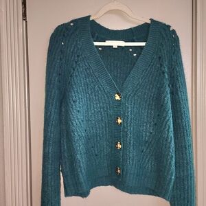 LOFT Teal Cardigan with Gold Accents